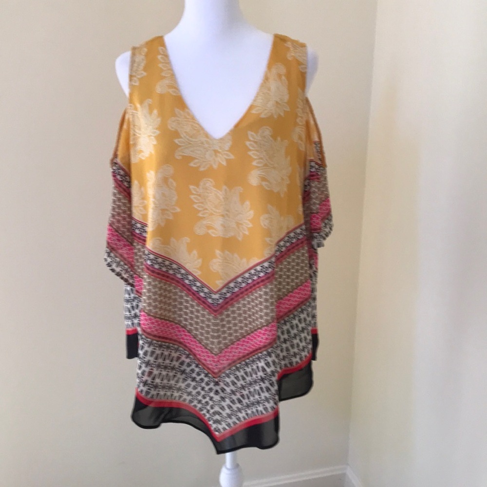 DR 2 large yellow multi cold shoulder, asymmetrical top.